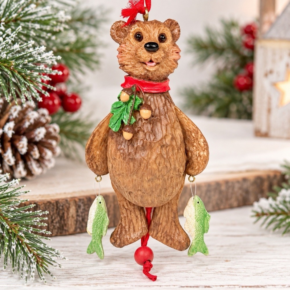 Kurt Adler Bear Fishing Christmas Ornament Pull String Moving Arm Legs 4.5"